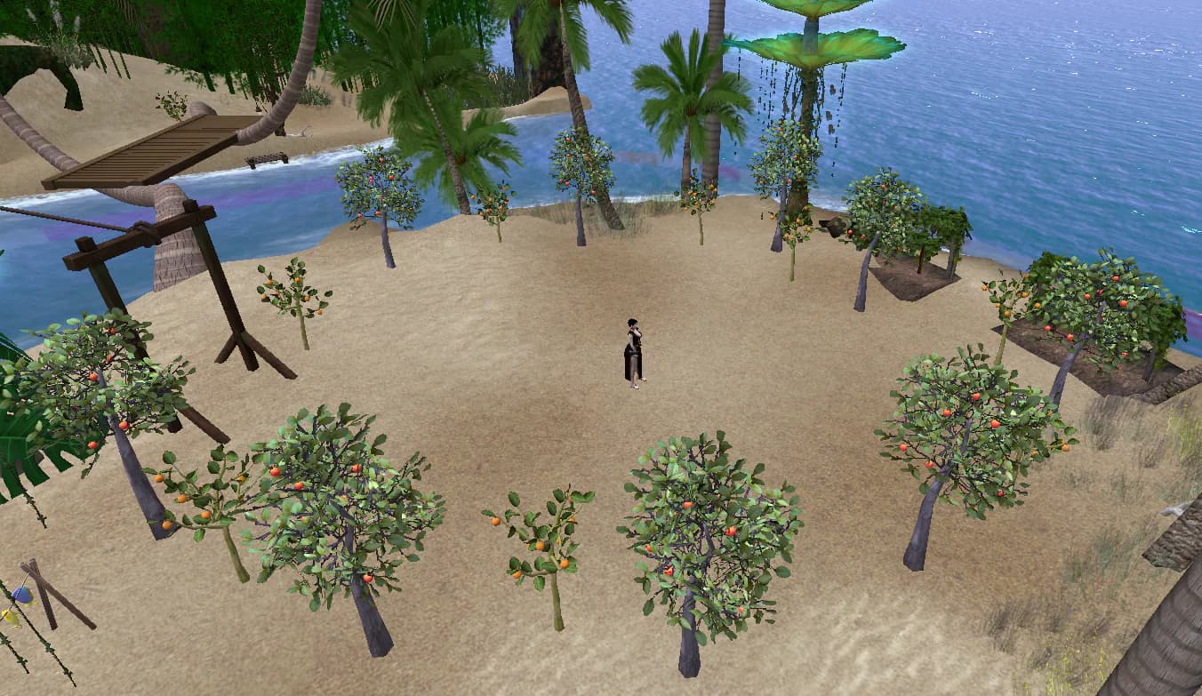 The Orange and Apple orchard. There are a few other trees along the beach toward the stone hand.