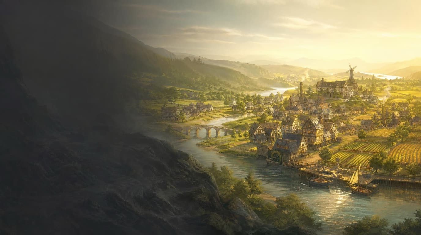A colony in a river valley at golden hour seen from a shaded overlook — timber workshops, a windmill, a stone bridge, tilled fields and boats at a jetty