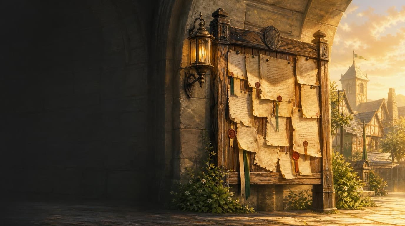 A weathered oak proclamation board under a colony hall's stone arch, layered with wax-sealed parchment notices, a brass lantern beside it and a sunlit street beyond