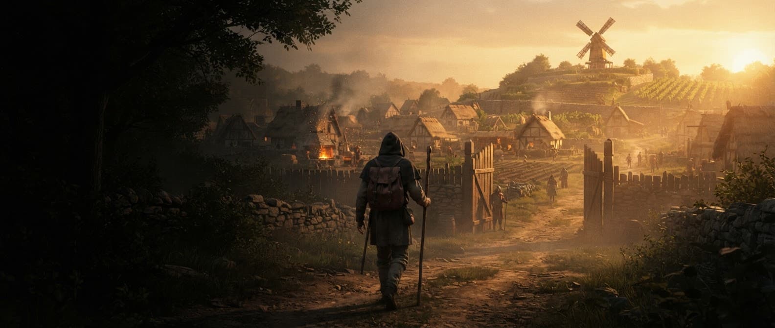 A traveller walking a shaded track toward the sunlit gate of a colony at golden hour, a windmill on the hillside beyond