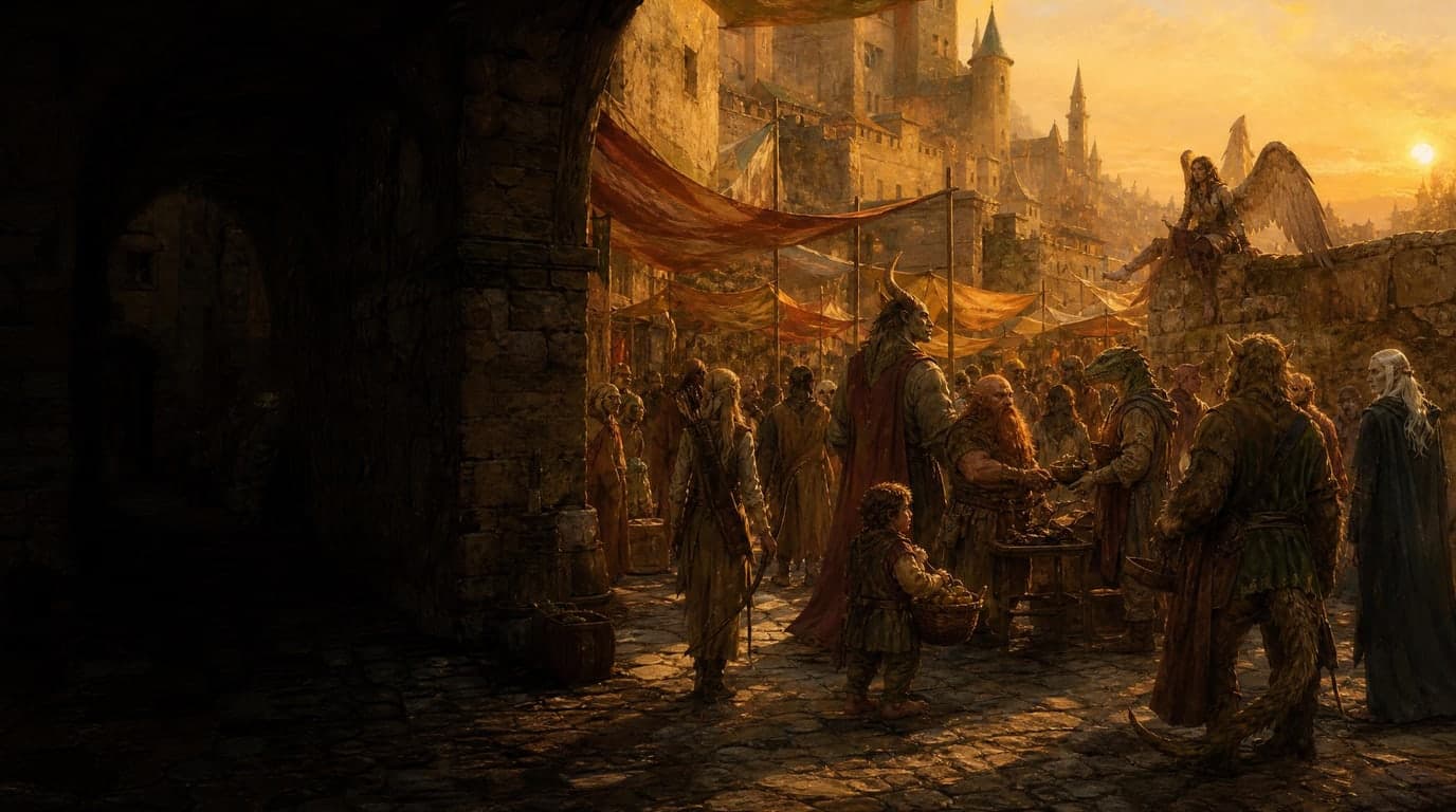A crowded medieval market at golden hour where many different fantasy peoples trade side by side under awnings, seen through a dark stone archway.