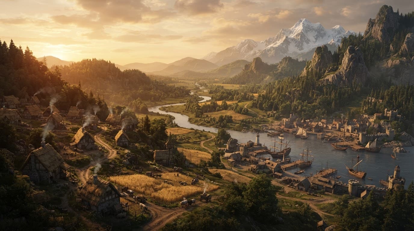 A river valley at sunset: thatched farms and wheat fields on one bank, a harbour town and tall ships on the other, mountains behind.