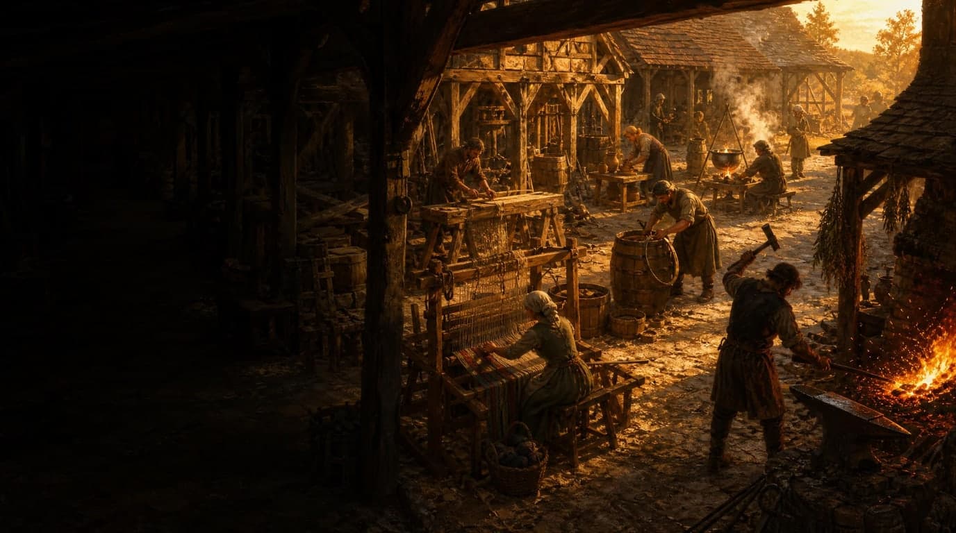 A craftspeople's yard at golden hour: a smith at a glowing forge, a weaver at a loom, a cooper hooping a barrel and a potter at a wheel under timber-framed workshop roofs.