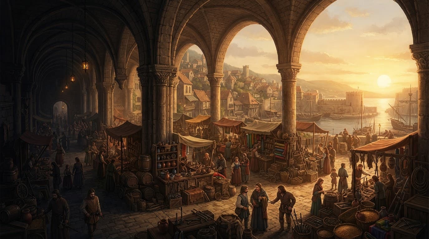 A vaulted stone market hall at sunset, its arches opening onto a harbour town — stalls below stacked with barrels, pottery, bolts of cloth and smith's tools.