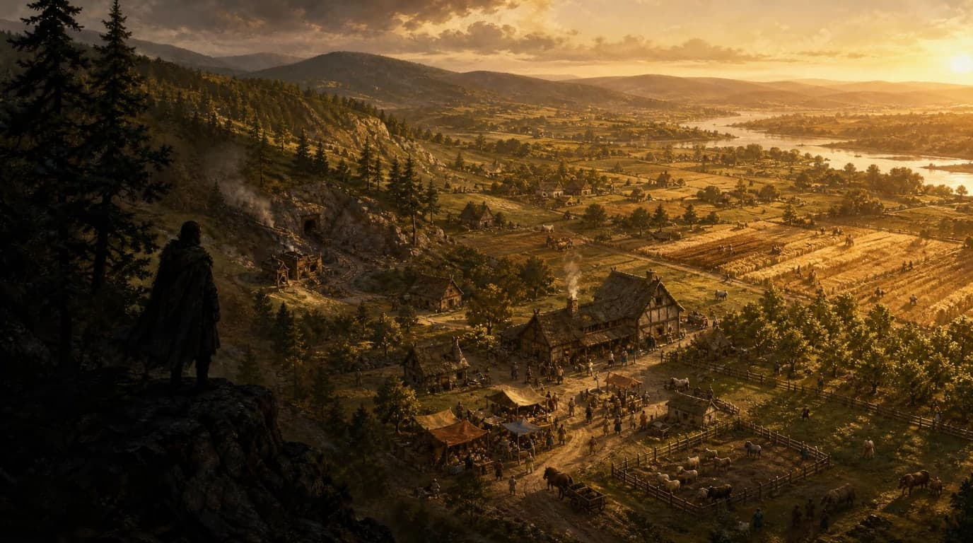 A cloaked figure on a dark bluff looking out over a valley at sunset: harvest fields, an orchard, a timber hall with smoke rising, a mine cut into the hillside and a market of awnings below.