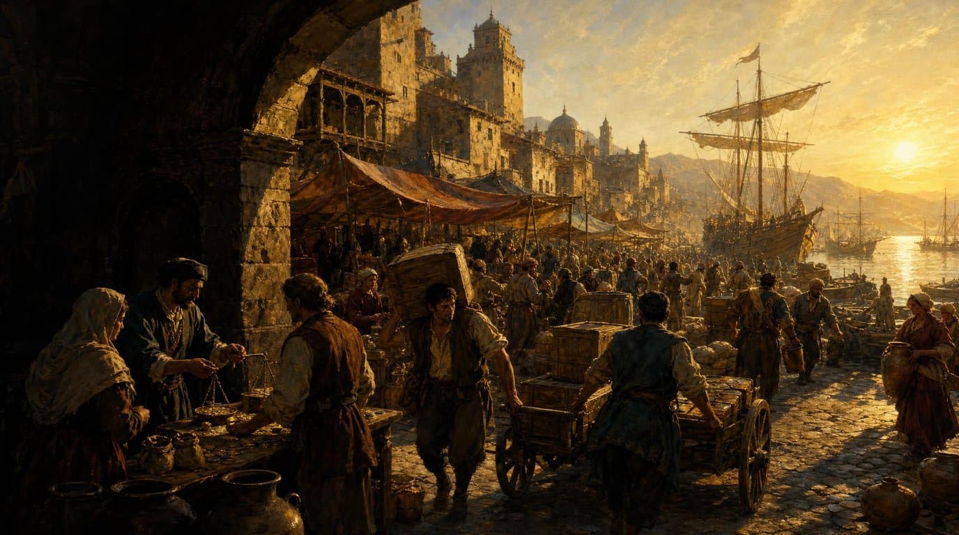 A trading square at golden hour seen through a dark stone arch: merchants at trestle tables under striped awnings, porters wheeling crates of goods between them, and a sunlit harbour of tall ships beyond.